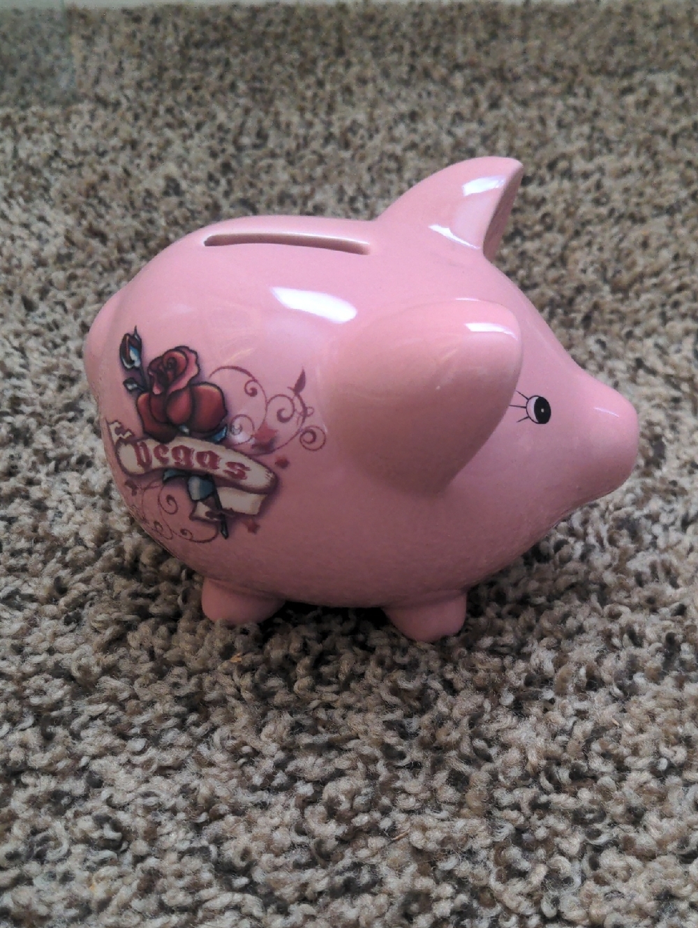 Pink Piggy Bank with Roses Las Vegas Playing Card On Other Side Accent Nevada